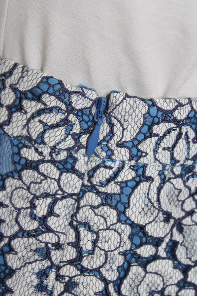 NBD Womens Floral Lace Knit Fringe Hem Short A-Line Skirt Blue White Size S