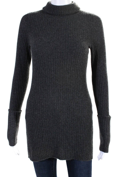 Magaschoni Womens Long Sleeve Cashmere Ribbed Knit Turtleneck Sweater Gray XS