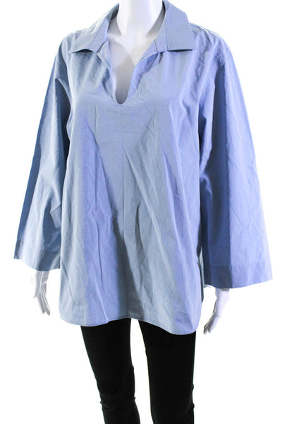 Lafayette 148 New York Womens 3/4 Sleeve Collared V Neck Shirt Blue Cotton Large