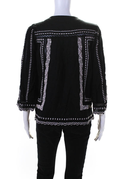Rebecca Taylor Womens Long Sleeve V Neck Embroidered Shirt Black White Size 0