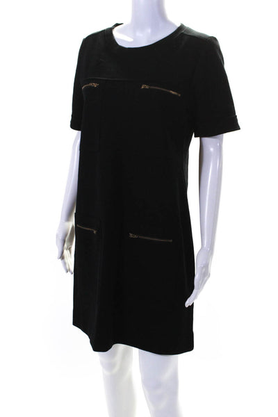 J Crew Womens Wool Blend Round Neck Short Sleeve Zip Up  Dress Black Size 8