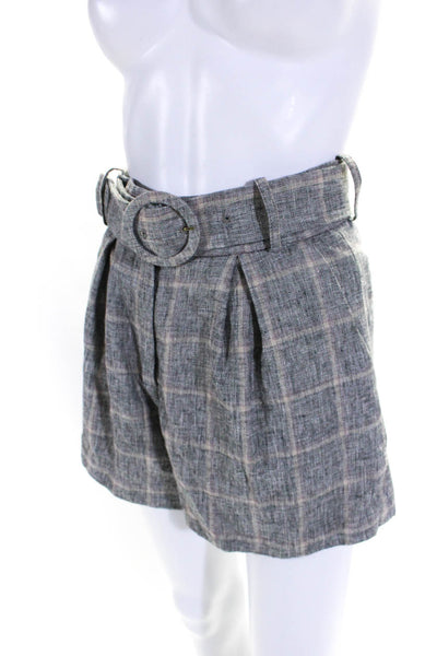 Sandro Womens High Waist Belted Plaid Pleated Shorts Gray Beige Linen Size FR 36