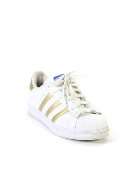 Adidas Womens Superstar Shell Top Metallic Stripe Sneakers White Gold Size 4