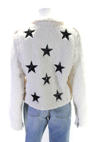 Blank NYC Womens White Fuzzy Star Print Full Zip Long Sleeve Jacket Size L