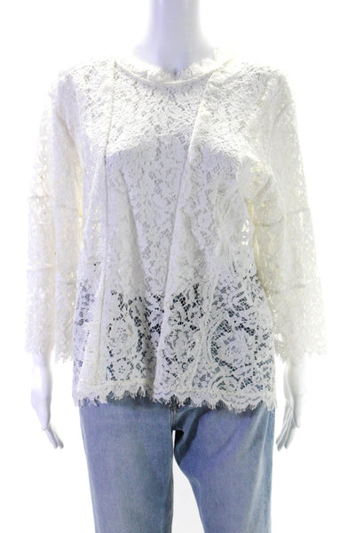 IRO Womens White Floral Lace Crew Neck 3/4 Sleeve Blouse Top Size 40