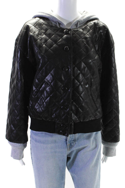 Cinq à Sept Womens Black Faux Leather Quilted Hooded Long Sleeve Jacket Size M/L