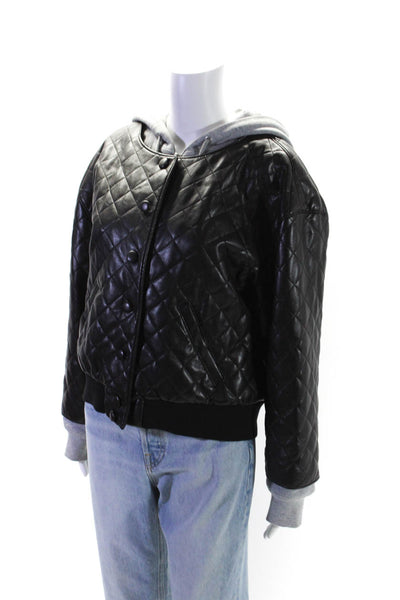 Cinq à Sept Womens Black Faux Leather Quilted Hooded Long Sleeve Jacket Size M/L