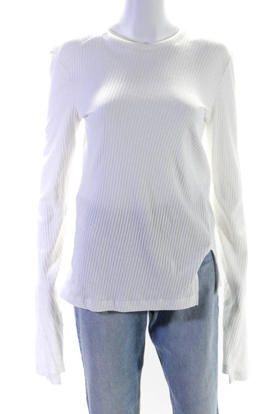 Helmut Lang Womens White Cotton Ribbed Crew Neck Long Sleeve Knit Top Size L