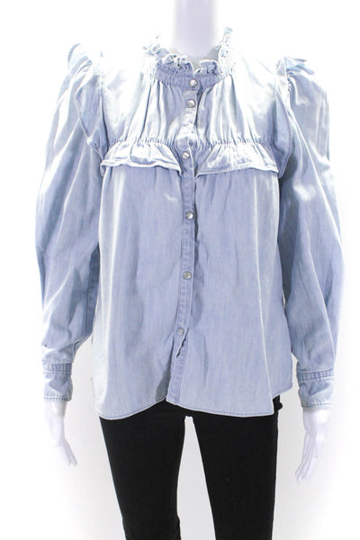 Etoile Isabel Marant Womens Button Front Ruffled Denim Shirt Blue Size FR 34