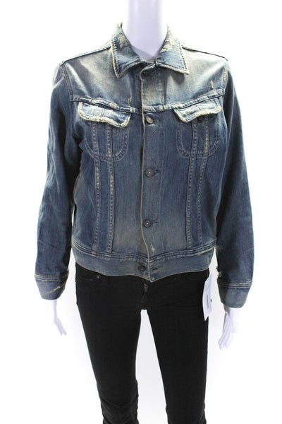 Citizens of Humanity Womens Button Front Distressed Jean Jacket Blue Size Large