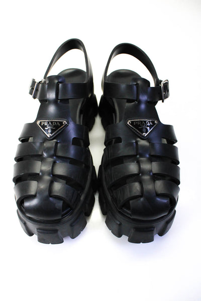 Prada Womens Block Heel Platform Logo Caged Sandals Black Leather Size 40