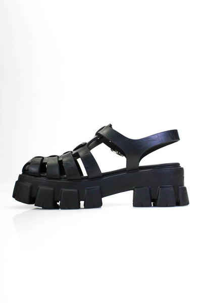 Prada Womens Block Heel Platform Logo Caged Sandals Black Leather Size 40