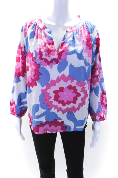 Jude Connally Womens Floral Print Blouse Pink Blue Cotton Size Small