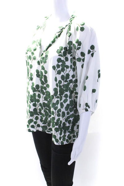 Ro's Garden Womens Leaf Print Long Sleeves Blouse White Green Size Extra Small