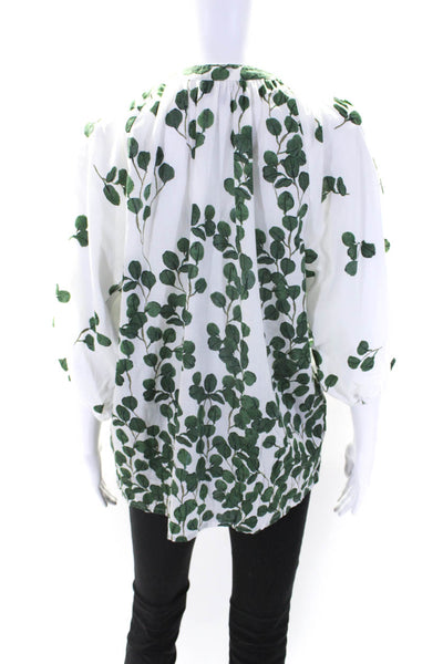 Ro's Garden Womens Leaf Print Long Sleeves Blouse White Green Size Extra Small
