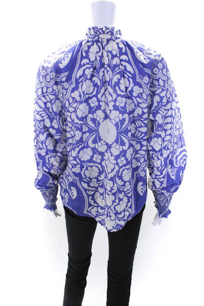 Boden Womens Floral Print Long Sleeves Blouse Blue White Cotton Size 10