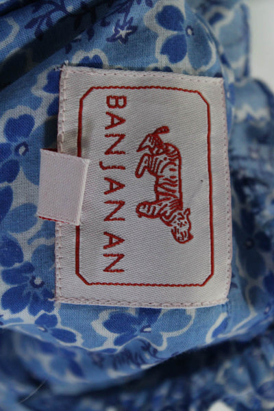Banjanan Womens Floral Print Short Sleeves Blouse Blue Cotton Size Medium