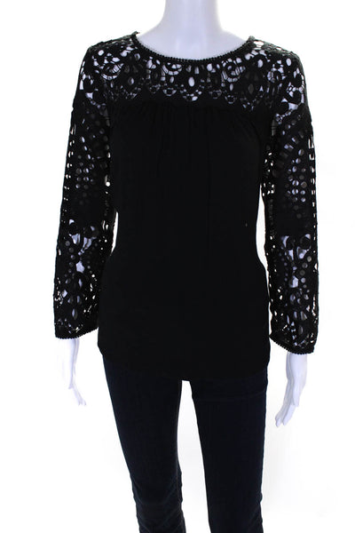 Joie Womens Lace Long Sleeve Crew Neck Button Up Blouse Top Black Size S