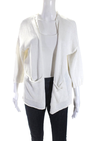 Eileen Fisher Womens 3/4 Sleeve Open Knit Cardigan Sweater White Linen Small