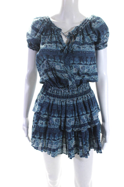 Love Shack Fancy Womens Short Sleeve Keyhole Floral Tiered Dress Blue Size XS