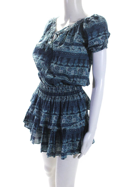 Love Shack Fancy Womens Short Sleeve Keyhole Floral Tiered Dress Blue Size XS