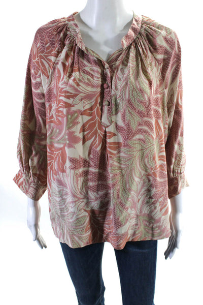 Natalie Martin Womena Silk Charmeuse Leaf Print 3/4 Sleeve Blouse Pink Size S