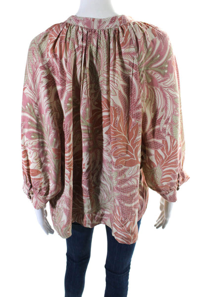 Natalie Martin Womena Silk Charmeuse Leaf Print 3/4 Sleeve Blouse Pink Size S