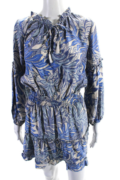 Natalie Martin Womens Silk Charmeuse Leaf Print Mini Blouson Dress Blue Size S