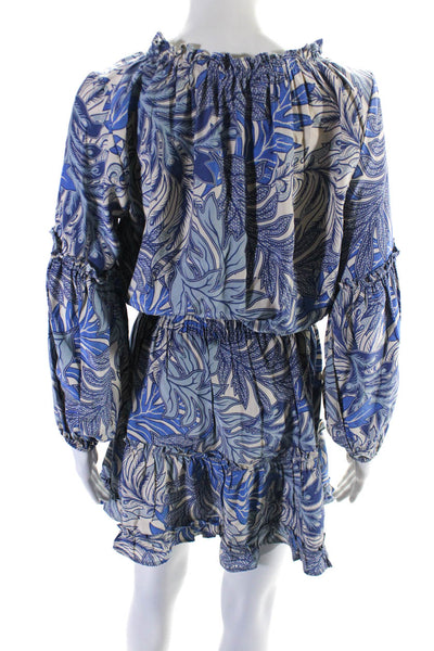 Natalie Martin Womens Silk Charmeuse Leaf Print Mini Blouson Dress Blue Size S