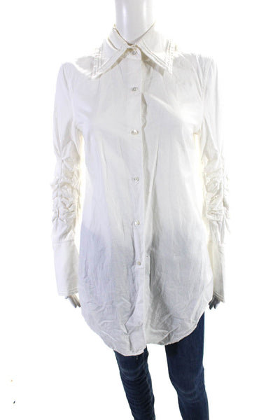 Magaschoni Womens Button Front Long Sleeve Collared Shirt White Cotton Small