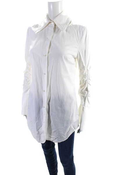 Magaschoni Womens Button Front Long Sleeve Collared Shirt White Cotton Small