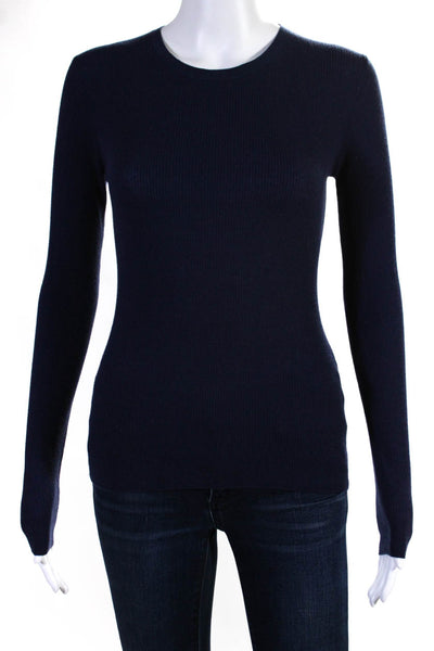 Michael Kors Womens Long Sleeve Crew Neck Ribbed Sweatshirt Navy Wool Size Small