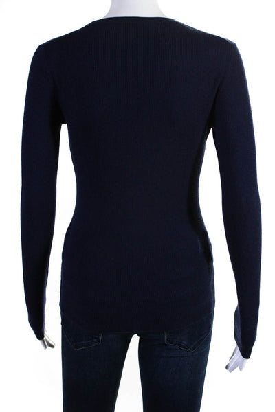 Michael Kors Womens Long Sleeve Crew Neck Ribbed Sweatshirt Navy Wool Size Small