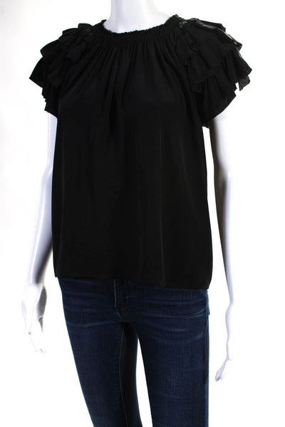 Ulla Johnson Womens Black Silk Ruffle Crew Neck Short Sleeve Blouse Top Size 4
