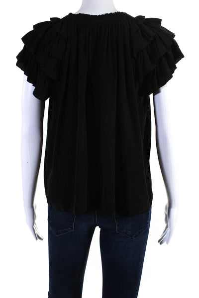 Ulla Johnson Womens Black Silk Ruffle Crew Neck Short Sleeve Blouse Top Size 4