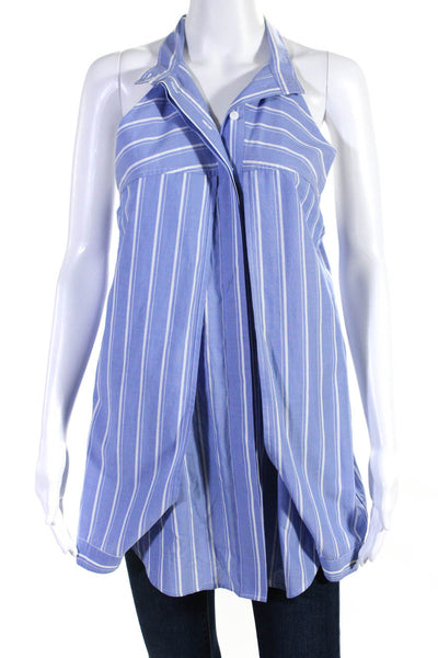 Dion Lee Womens Cotton Striped Print Buttoned Cold Shoulder Blouse Blue Size 6