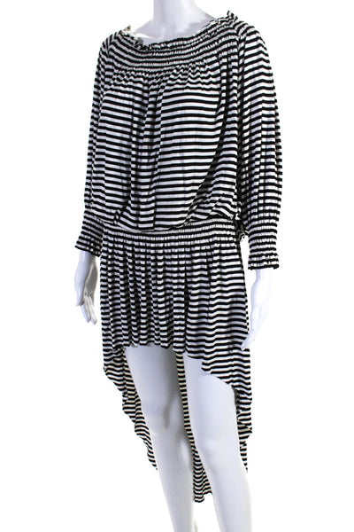 Norma Kamali Womens Striped Print Tiered Long Sleeve Blouson Dress White Size S