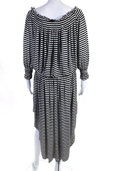 Norma Kamali Womens Striped Print Tiered Long Sleeve Blouson Dress White Size S