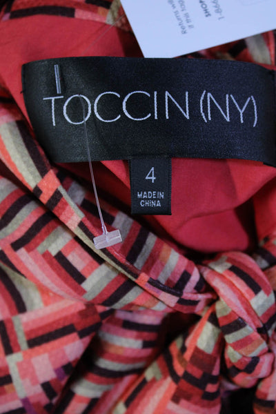 Toccin Womens V Neck Collar Tie Side Slit Geometric Print Dress Pink Size 4