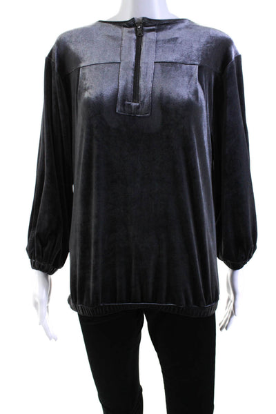 Designer Womens Quarter Zip Scoop Neck Long Sleeve Top Velvet Gray Size Medium