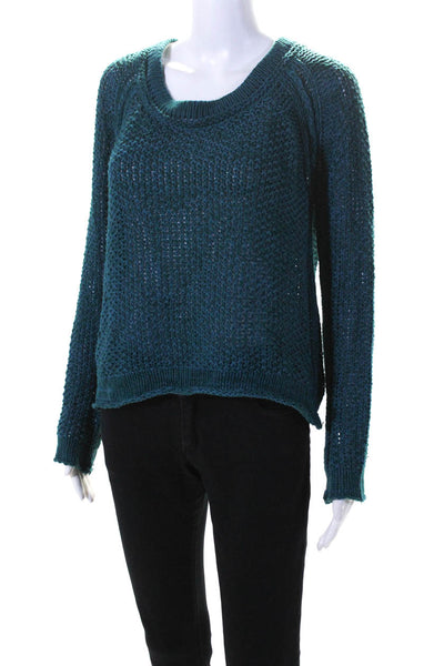 Free People Womens Dark Teal Open Knit Scoop Neck Long Sleeve Sweater Top Size S