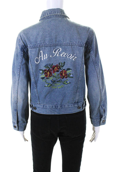 Joie Womens Button Front Oui Oui Floral Back Jean Jacket Blue Size Small