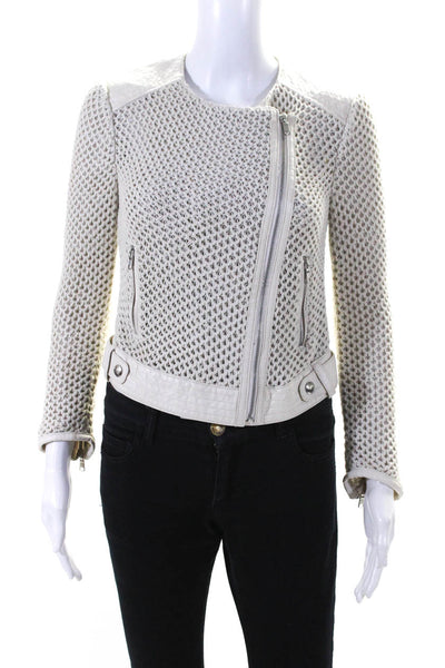 Joie Womens Front Zip Leather Trim Open Knit Jacket White Cotton Size Small
