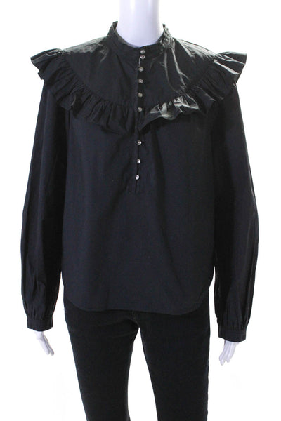 Rebecca Taylor Womens Ruffled Half Button Down Shirt Black Cotton Size Small
