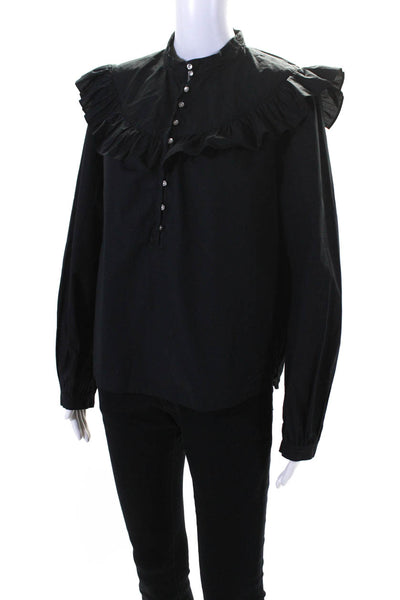 Rebecca Taylor Womens Ruffled Half Button Down Shirt Black Cotton Size Small