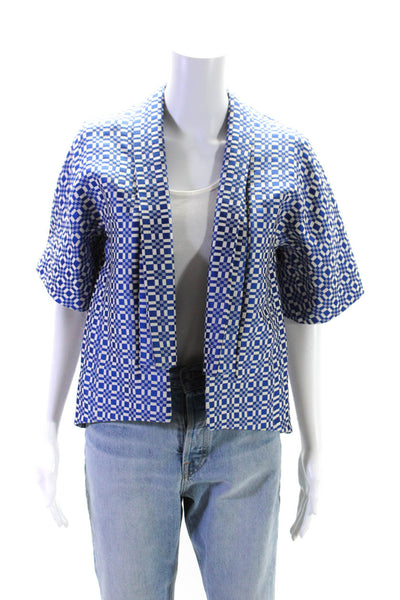 Lela Rose Women's Collared Short Sleeves Open Front Lined Jacket Blue Size 0