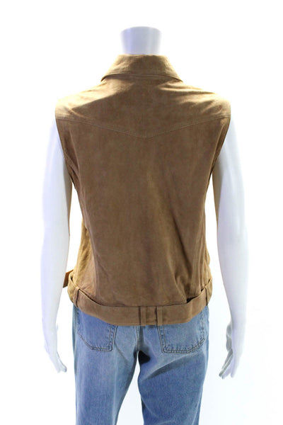 Faconnable Womens Leather Collared Belted Hem 2 Pocket Zip Up Vest Beige Size M