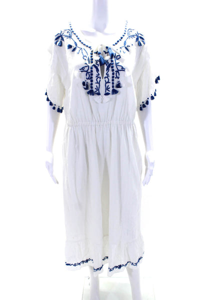 Ralph Lauren Womens Embroidered A Line Sun Dress White Blue Size Small