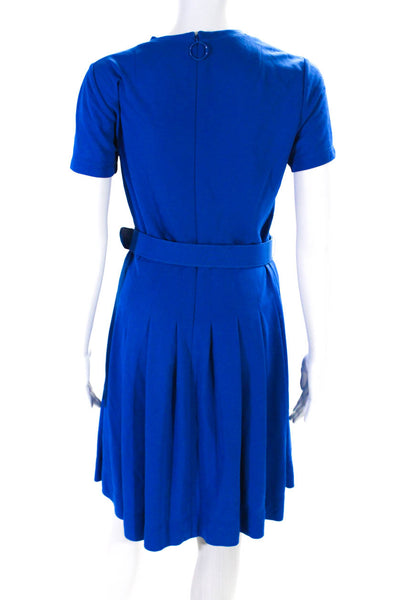 Akris Punto Womens Short Sleeves Belted Pleated A Line Dress Blue Size 8