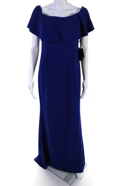 Adrianna Papell Womens Off Shoulder Sleeveless Crepe Gown Dress Blue Size 8